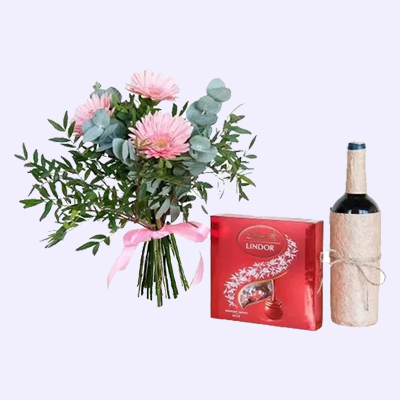 Almanya Gerbera Buketi Şarap ve Çikolata resmi